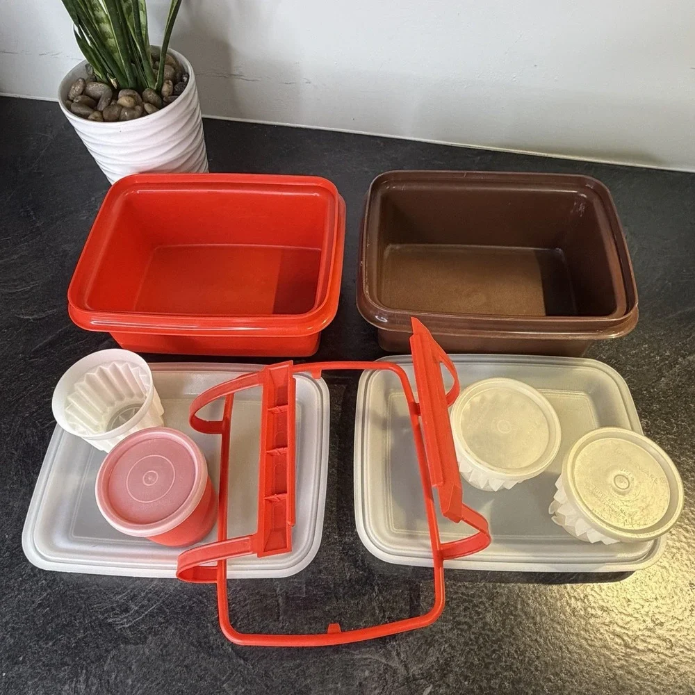 Vintage‎ Tupperware Pack N Carry Red, Brown & Clear Lunch Box W Handle 1254